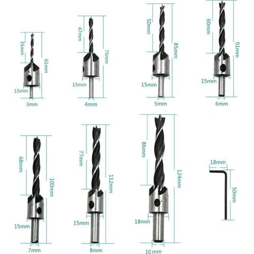 7pcs Three-point Woodworking Countersunk Drills 3mm-10mm High-speed Steel Countersunk Drill Bit Countersunk Bit Drill Bit Set
