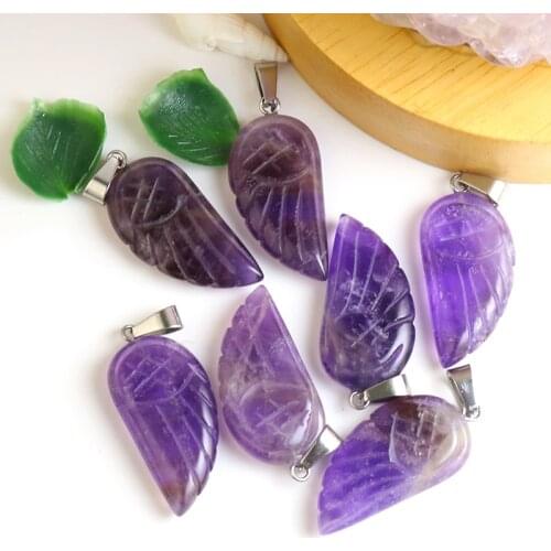 Natural Stone Purple Pendants Necklace 10Pcs/Lot Angel Wings Women Gift Charms For Jewelry Making