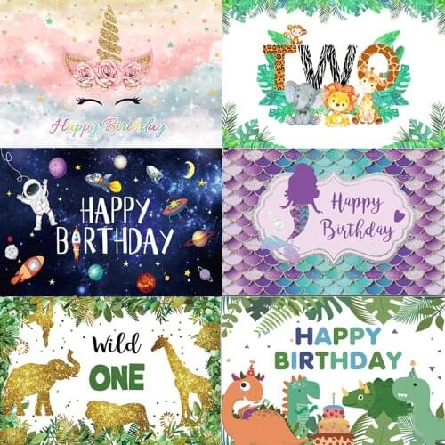 Customized Birthday Party Backdrop Cartoon Jungle Safari Unicorn Outer Space Theme Background Baby Shower Kids Party Supplies