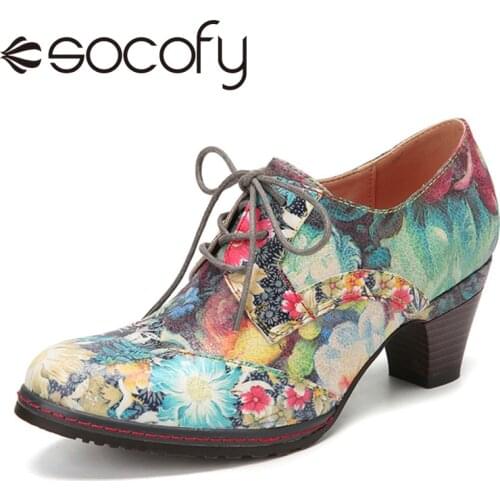SOCOFY Women Natural Style Pumps Flowers Printed Cowhide Leather Comfy Wearable Lace Up Round Toe Casual Outdoor Pumps Shoes