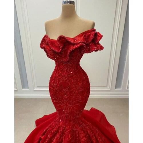 Gorgeous Red Mermaid Evening Dresses For Women Party Dinner Wear Satin Applique Beaded Prom Gowns One Shoulder vestidos formales