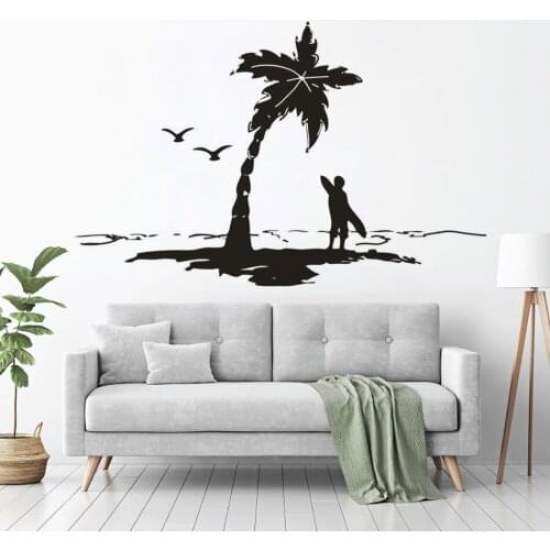 Surfer With Surfboards Wall Sticker Beach Trees Vinyl Wall Decal Home Bathroom Décoration Sea Gulls Sunset Wall Art Mural AZ711