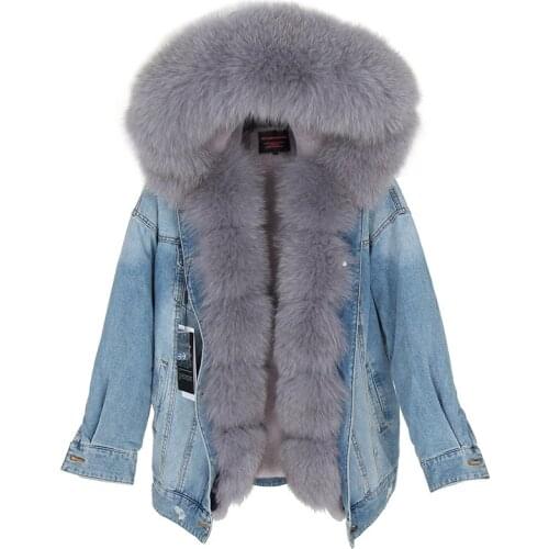 2020 new Casual winter jacket women Holes denim jacket fur coat real Fox fur collar thick warm faux fur Liner parka