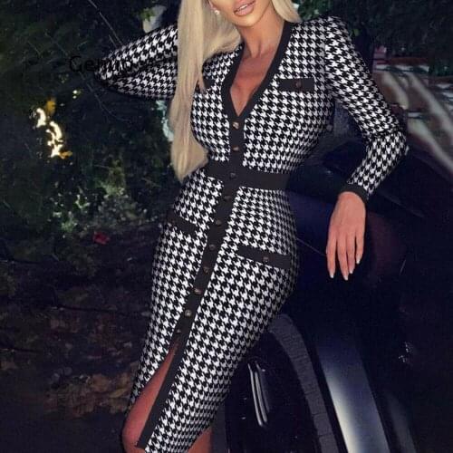Women Houndstooth Print Split Dress Sexy Deep V-Neck Button Party Dresses Spring Autumn Long Sleeve Bodycon Office Lady Dresses