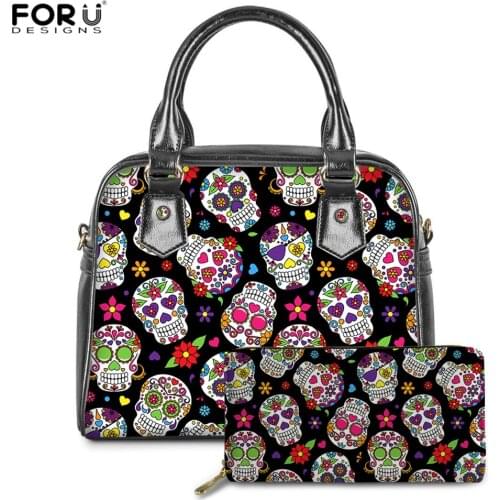 FORUDESIGNS Sugar Skull Print Women Bags Luxury PU Handbags Day Of The Dead Skull Gothic Bags Females 2pcs/set Hand Bag&Wallet