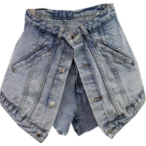 Harajuku Denim Shorts Women 2021 Spring Summer New Fashion Wild Fake Two High Waist Raw Edge Jeans Shorts Female Hot Pants H1479