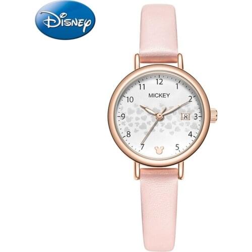 Disney Official Women Fashion Casual Quartz Wristwatches Micky Mouse Cute Small Dial Pu Strap Luminous Hands Lady New Gift Clock