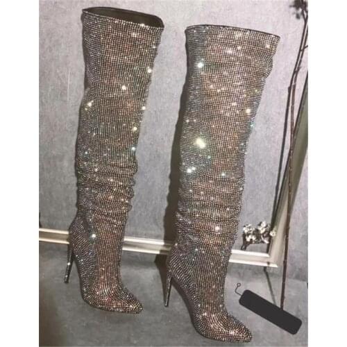 Moraima Snc Bling Bling Crystal Women Long Boots Thin High Heel Shining Diamond Bridal Shoes Over the Knee Glittering Boots