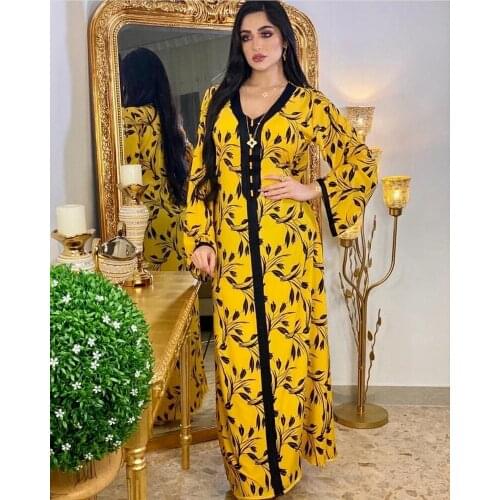 Eid Ramadan Print Abaya Maxi Dress for Women V Neck Long Sleeve Muslim Arabic Kaftan Jalabiya Dubai Turkey Clothing Pink Black