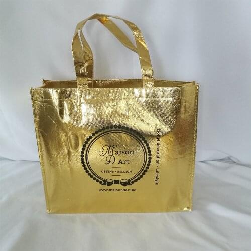 500pcs Custom Logo Gold Metallic Non Woven Bag Gold Laser Lamination Pouch For Present Packaging Supply Festival Party Favor