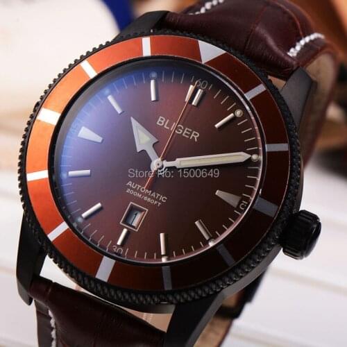 BLIGER 46mm mens Date wrist watch Stainless steel case luminous hands automatic menfolk watches