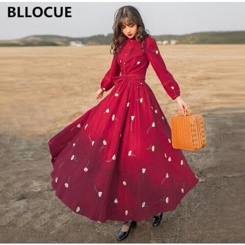 BLLOCUE Designer Womens Holiday Maxi Dress Spring Vintage Stand Collar Lantern Sleeve Floral Embroidery Elegant Belt Long Dress