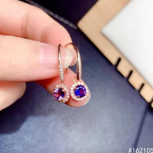 Fine Jewelry 925 Pure Silver Chinese Style Natural Iolite Girl Luxury Popular Simple Round Gem Earrings Eardrop Support Detectio