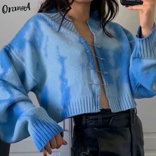 OrangeA cardigan Summer harajuku short woman sweaters pins knitted loose elegaht thicked pull tie dye print casual mujer coat
