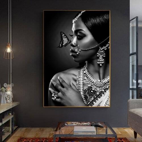 Black And White Jewellery Indian Women With Butterfly Posters And Prints Canvas Art Painting On Wall Art Picture For Living Room