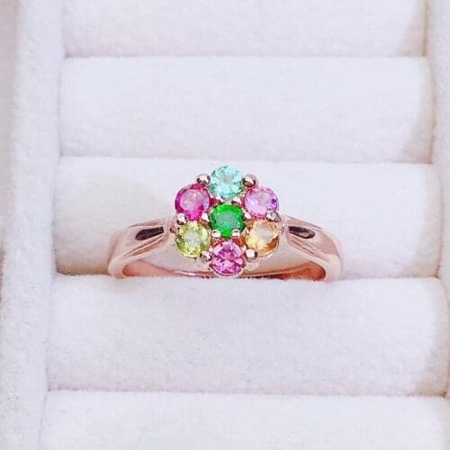 Natural real colorful tourmaline flower ring Per jewelry 0.15ct*7pcs gemstone 925 sterling silver Fine jewelry J215414