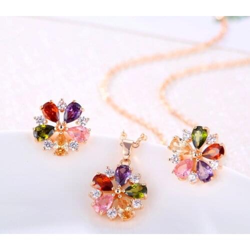 New Fashion Cute Rainbow Crystal Bride Jewelry Set Gold Color Flower Drop Earrings & Necklace Sets For Women Birthday Gift