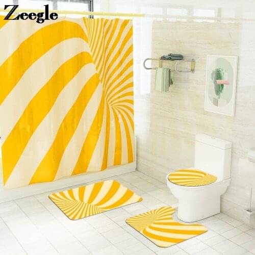 Yellow Stripes Printing Bathroom Carpet Rug Bath Mat and Waterproof Shower Curtain Set Flannel Toilet Mat Non-slip Foot Mat Set