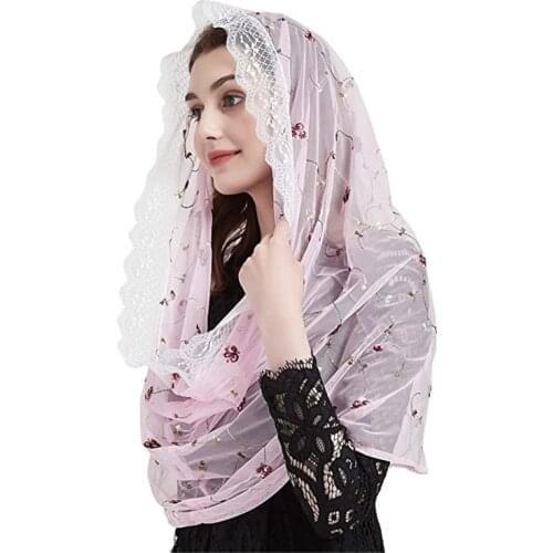 Round Vintage Mantilla Veils For Church Catholic Mass Women Head Covering Wraps Embroidered Floral Lace Red Pink Navy Black Veil