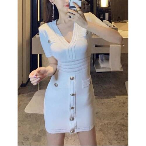 Summer Vintage Fashion Slim Waist Korean Dress One-Piece Knitted Women Dress French Temperament V-Neck Sweaters Lady Mini Dress