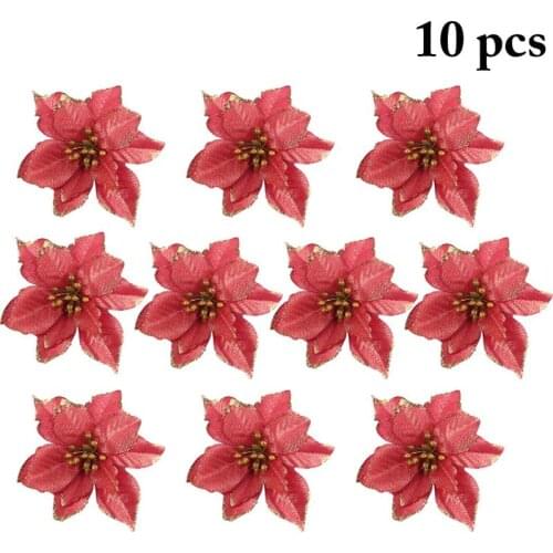 10Pcs/Set Christmas Flower Decor Artificial Silk Glitter Flower Christmas Tree Ornament DIY Xmas Tree Decoration Set Accessories