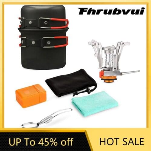 Outdoor Pot Mini Gas Stove Sets Camping Hiking Cookware Picnic Cooking Set Non-stick Bowls With Foldable Spoon Fork Knife