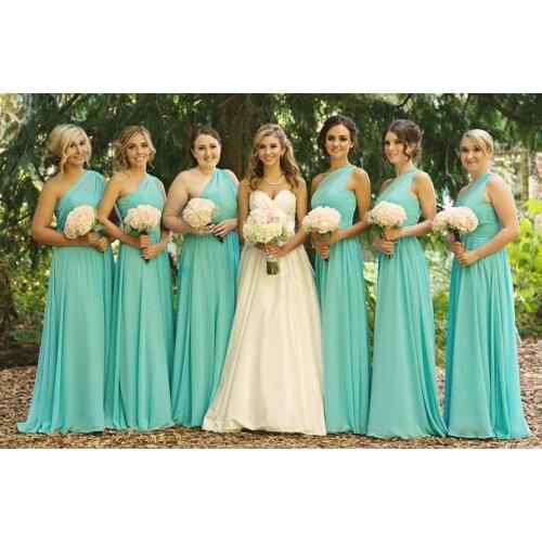 2015 new hot Sexy one shoulder backless party gown custom made graceful A line mint long chiffon Elegant bridesmaid dresses