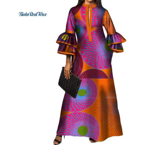 New African Print Long Dresses for Women Bazin Riche 100% Cotton Ruffles Sleeve Dresses Vestidos African Design Clothing WY3472