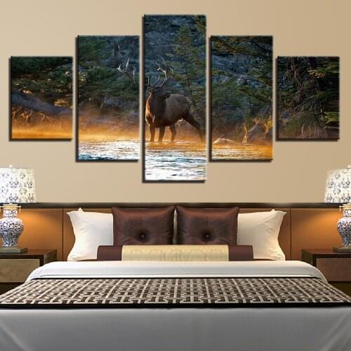 Deer Elk in River Nordic Forest Canvas Prints Art Painting For Living Room Wall Decor 5 Pieces Picture Modular nice scenery