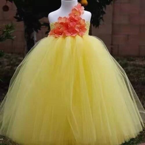 New Girls Yellow Flowers Long Tutu Dresses Kids Fluffy Crochet Tulle Tutus Ball Gown with Headband Children Party Dress Clothes