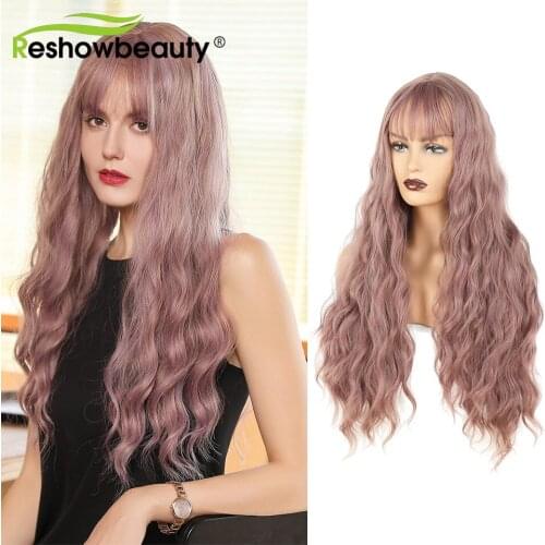 Long Synthetic Wigs with Bangs for Women 26 Inch Ombre Blond Brown Wavy Machine Made Wig Cosplay Wig Heat Resistant Reshowbeauty