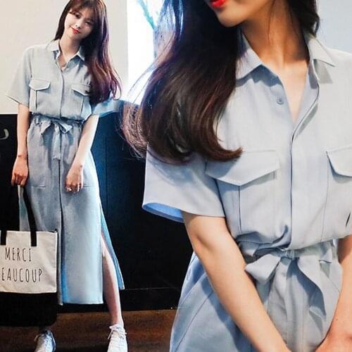 Light Blue Long Chiffon Shirt Split Dress Lace Up Blouses Dress Short-sleeved Turn Down Collar Cardigan Vestidos Bodycon Dress