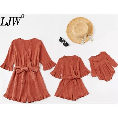 Spring and Autumn New Family Matching Clothes Ruffled Lace-up Mother Girl Jumpsuit Casual Baby Childrens Family Set