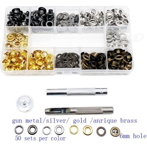 Boxed 6mm Grommets 200Pcs Grommet brass Eyelet Buttons with tools Buttonhole With Washers For Shoes Leather Cloth Crafts Tools
