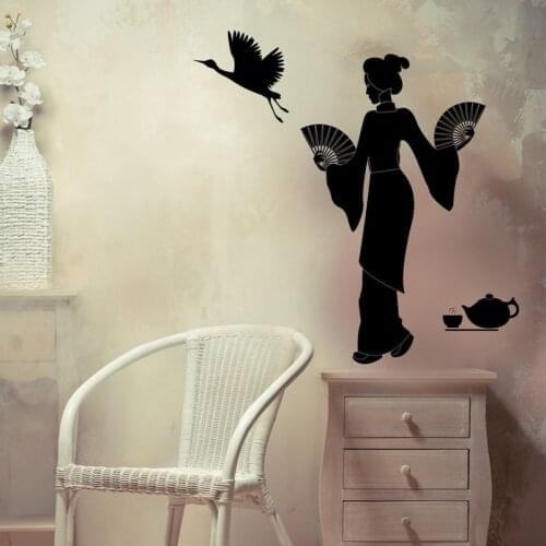 Japanese Geisha With Bird Tea Ceremony Vinyl Sticker Unique Decor Oriental Japan Girl Decal Room Decoration Z401