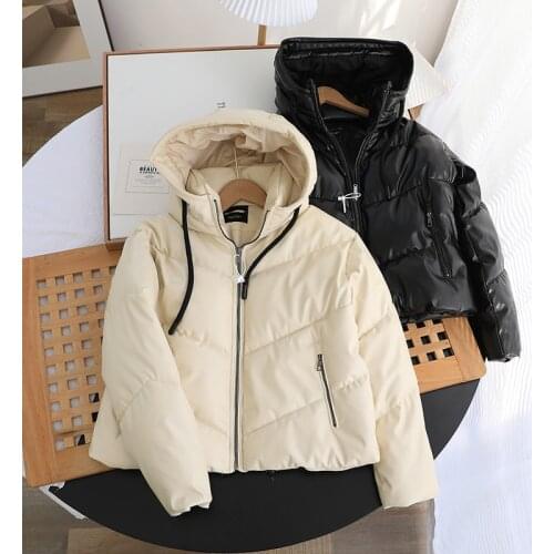 Ailegogo Loose PU Leather Parkas Women Fashion Hooded Faux Leather Coats Women Elegant Solid Zipper Cotton Jackets Female Ladies