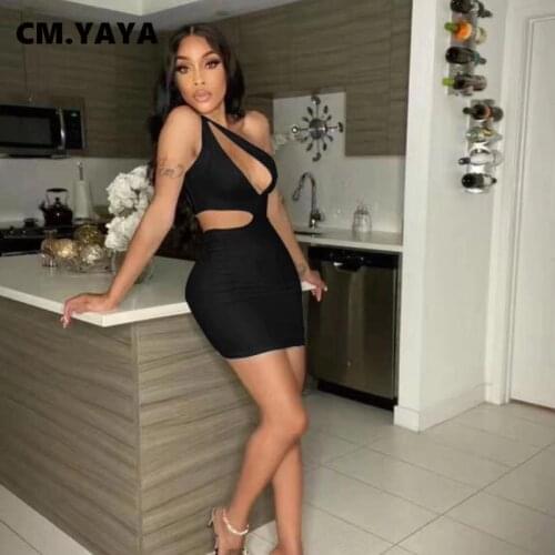 CM.YAYA Women Mini Dress Solid One Shoulder Sleeveless Skew Collar Cut Out Stretchy Bodycon Dresses Sexy Party Vestidos Summer