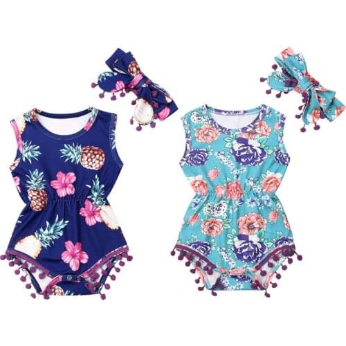 2020 Summer Fashion Infant Newborn Baby Girls Clothes Rompers Floral Tassel Sleeveless Jumpsuits Headband 2Pcs Outfit Set