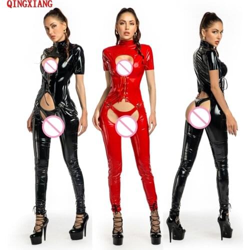 2021 Bright Faux Leather Tight Jumpsuit Sexy Pole Dancing Women Sheath Bodysuit Open Bust Crotch Front Bandage PVC Pants Uniform