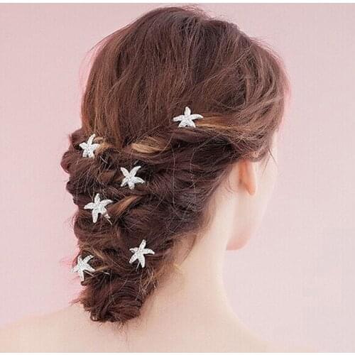 White 6 Pcs Shiny Wedding Hairpin Pearl U-Shaped Bun Bride Stick Queen Jewelry Ornament Hair Fork Accessory Starfish Rhinestone