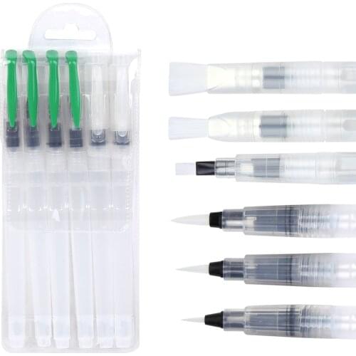 6pcs/set Waterbrush Soft Flat and Round Assorted Tips Pens Art Markers Water Tank Calligraphy Watercolor Brush Pen