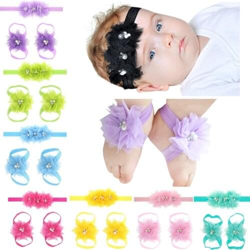 Infant Baby Girls Pearl Flower Barefoot Sandals and Newborn Net Yarn Headbands Set Photography Props Kids Hair Accessories