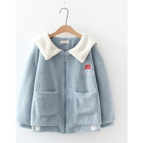 Fleece Cartoon Embroidery Hooded Jacket Coat Women 2020 Winter Long Sleeve Turndown Collar Sweet Style Ladeis Warm Parka Outwear