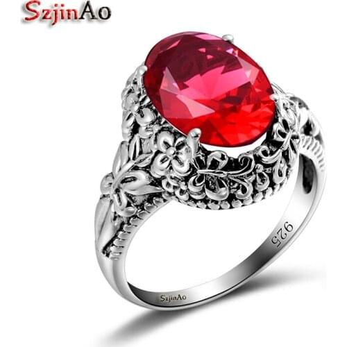 Szjinao Silver Rings For Women Genuine 925 Sterling Silver Butterfly Ring Ruby Oval Gemstones Carve Gothic Party Fine Jewelry