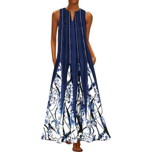 Summer dress Plus Size Vintage Striped Floral Print Women V Neck Sleeveless Loose Maxi Dress robe femme Womens Clothing 2021