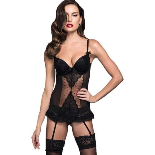 MiaoErSiDai Sexy Lace Dot Push Up Bra Stitch Chiffon Hollow Out Dress S M L XL Black Red