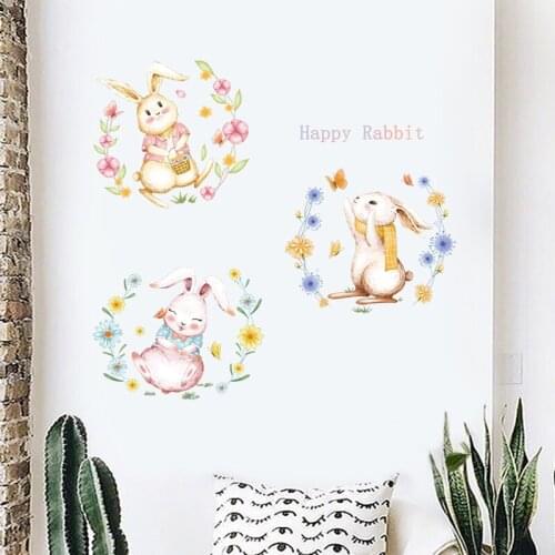 Cute Rabbits Wall Stickers for Girls Bedroom Wall Decoration Cartoon Living Room Sofa Home Decals Self-adhesive Wallpaper PVC