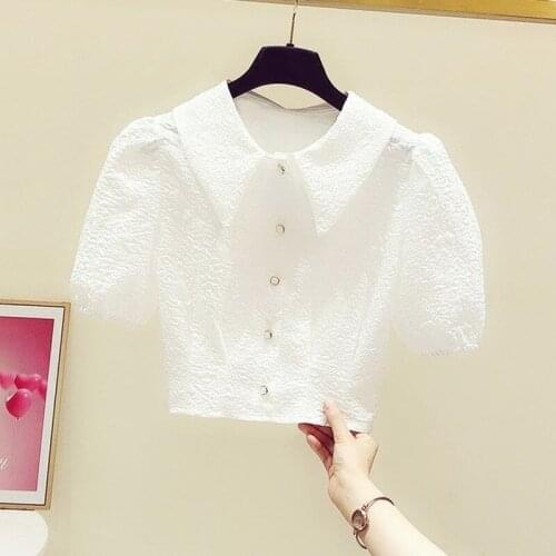 Fashion Design Puff Sleeved Chiffon Women White Shirts Short Empired Slim Sexy Female Outwear Coats Tops