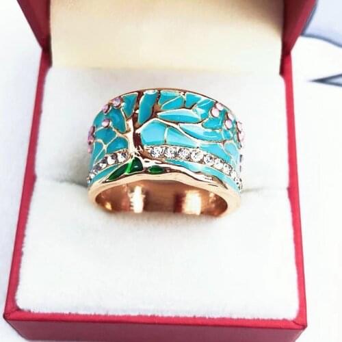 2019 New Lucky Flower Tree Rings Fashion Gold Pink Opal Green Enamel Wide Ring For woman Party Crystal Vintage Jewelry Wholesale