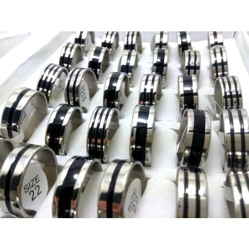 100pcs bulk lot 8mm 316L Stainless Steel Wedding Rings With Black Enamel Design Rings For Men Jewelry
